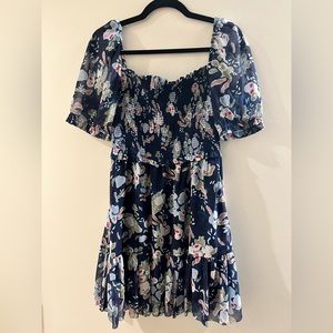 Aritzia Wilfred Laken Navy Floral Smocked Chiffon Puff Sleeve Mini Dress Size M